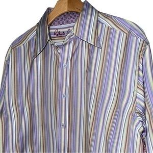 Robert Graham Mens Size L Green Purple Multi Striped Embroidered Button Up Shirt